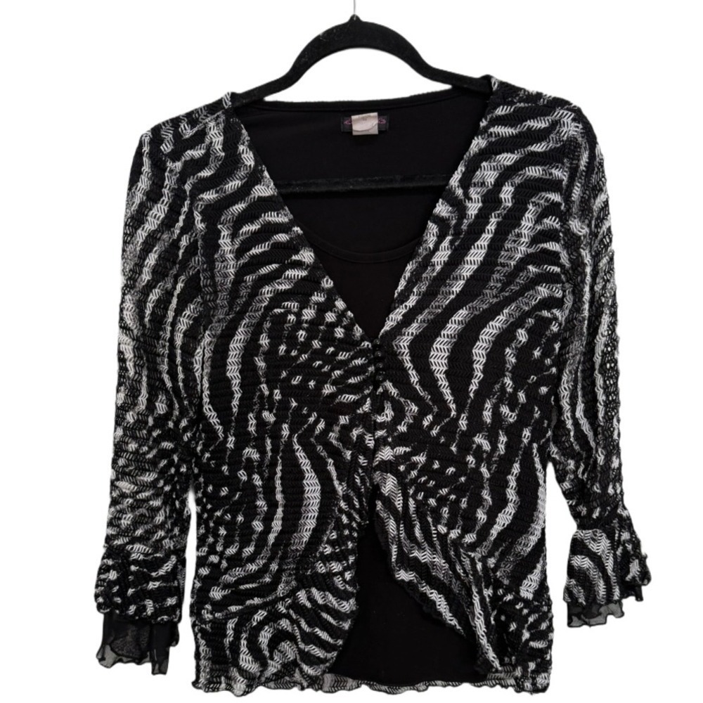 Vintage Y2K Sheer Zebra Print Ruched Top – Black & White | Petite Medium